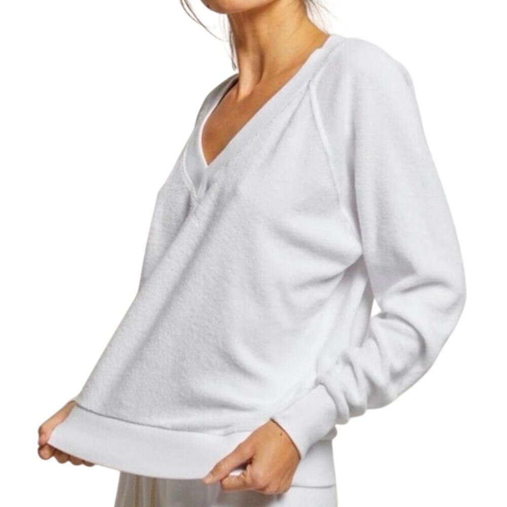 PERFECTWHITETEE Sonny Loop Terry V Neck Pullover Sweatshirt Top White - Sz XS